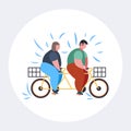 Fat obese couple riding tandem bicycle overweight man woman cycling twin bike weight loss concept flat full length Royalty Free Stock Photo