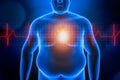 Fat or obese man chest body with heart and red ekg heartbeat curve. Blue futuristic hologram 3d rendering illustration. Obesity,