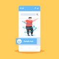 Fat obese man dancing pose overweight sweaty guy cardio training weight loss concept smartphone screen online mobile app