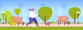 Fat obese man jogging with dog oversize fatty guy running outdoor weight loss concept urban park cityscape background