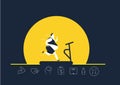 Fat obese man running on treadmill oversize fat guy weight loss with heath icon on yellow background illustrator