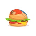 Fat obese man sleeping on a giant burger, bad habit vector Illustration