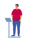 Fat obese man standing on weigh scales. Oversize fatty boy. Obesity weight control concept. Overweight male cartoon character full