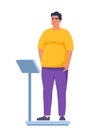 Fat obese man standing on weigh scales. Oversize fatty boy. Obesity weight control concept. Overweight male cartoon character full Royalty Free Stock Photo