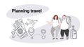 Fat obese man woman travelers standing together overweight couple planning travel concept people with baggage choosing