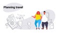 Fat obese man woman travelers standing together overweight couple planning travel concept people with baggage choosing
