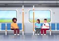 Fat obese people inside subway metro train overweight mix race passengers sitting in public transport obesity concept