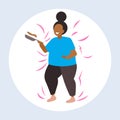 Fat obese woman cooking pancakes in frying pan unhealthy nutrition obesity concept overweight african american girl