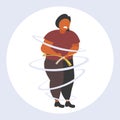 Fat obese woman measuring her waistline sad african american overweight girl using tape measure weight loss obesity