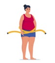 Fat obese woman and measuring tape. Oversize fatty girl. Obesity weight control concept. Overweight female cartoon character full