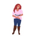 Fat obese woman standing pose smiling overweight casual girl obesity concept female cartoon character full length flat