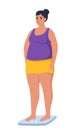 Fat obese woman standing on weigh scales. Oversize fatty girl. Obesity weight control concept. Overweight female cartoon character