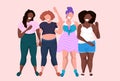 Fat obese women group standing together mix race smiling overweight casual girls obesity concept female cartoon Royalty Free Stock Photo