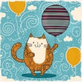 Fat Orange Cat with a Striped Balloonand Blue Background Royalty Free Stock Photo