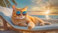 Fat orange cat wearing sunglasses laying on a sunbed at the beach. Ginger tomcat boss summer holiday resting seaside on a tropical