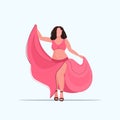 Fat overweight body positive girl standing pose obese smiling woman dancing in dress over size female cartoon character