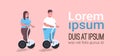 Fat overweight couple riding electrical self balancing scooter obese man woman on electric gyroscooter weight loss