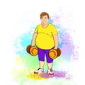 Fat overweight sport man hold dumbbells, cartoon