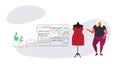 Fat overweight woman choosing new dress fashion shop over size female clothes market shopping mall interior sketch flow