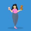 Fat overweight woman eat junk food. Adult eating