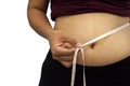 Fat overweight woman pinching her fat tummy on white background,obese woman,Women with fat belly