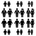 Fat parents and children stick figure vector icon set. Obese people, kids, couple black and white flat style pictogram