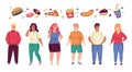 Fat people. Cartoon overweight men or women. Fast food and fatty nutrition leads to obesity. Unhealthy habits. Obese