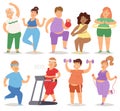 Fat people doing exercise training gym gymnasium sport fatty food rich character workout vector illustration.