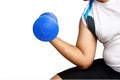 Fat people Exercise in Fitness The blue dumbbell weighs 5 kilos. Royalty Free Stock Photo