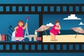 Fat people on vacation vector illustration. Overweight happy woman takes selfie while traveling, cartoon sightseeing