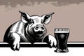 Fat pig with glass of beer at the bar counter