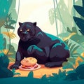 Fat puma and burger in jungle. Panther eats unsuitable food. Concept of inappropriate food for cats. Generative AI