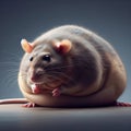 A fat rat sitting on its hind legs on a gray background, looking to the left. Royalty Free Stock Photo