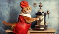 Fat red cat cook prepares coffee on a vintage retro coffee maker