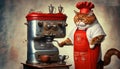 Fat red cat cook prepares coffee on a vintage retro coffee maker