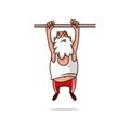 Fat Santa Claus hanging on crossbar and trying to pulling up. Old bearded man. Physical activity. Cartoon vector design