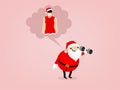 Fat santa claus is holding dumbbell and imagine him self to be shapely