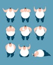 Fat set poses and motion. Stout guy happy and yoga. Big man sleeping and angry. guilty and sad. Vector illustration Royalty Free Stock Photo