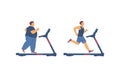 Fat and slender men exercising on treadmill, flat vector illustration isolated.