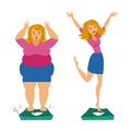Fat and slim girls. Sadly thick woman and happy slender woman. Royalty Free Stock Photo