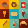 Fat snack icons set, flat style