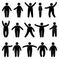 Fat stick figure man standing front, side view different poses vector icon set. Obese male hands up, waving, pointing silhouette Royalty Free Stock Photo