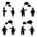 Fat stick figure man, woman speak bubble vector icon set. Obese male, female talking with voice, comment, message, dialog cloud Royalty Free Stock Photo