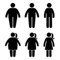 Fat stick figure vector icon set. Obese people couple black and white flat style pictogram