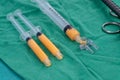 Fat syringes for fat grafting on steriled green fabric Royalty Free Stock Photo