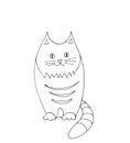 Fat tabby sitting cat, graphic black and white linear drawing on white background