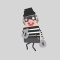 Fat thief holding money bag 3D