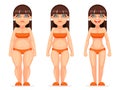 Fat thin female character different stages health diet cartoon design vector illustration Royalty Free Stock Photo