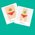 From fat to skinny woman. Healthy unhealthy food apple hamburger Before after instant photo. Flat design