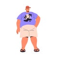 Fat tourist in summer cap on travel vacation. Shy chubby man, plump boy with overweight problem. Obese figure people